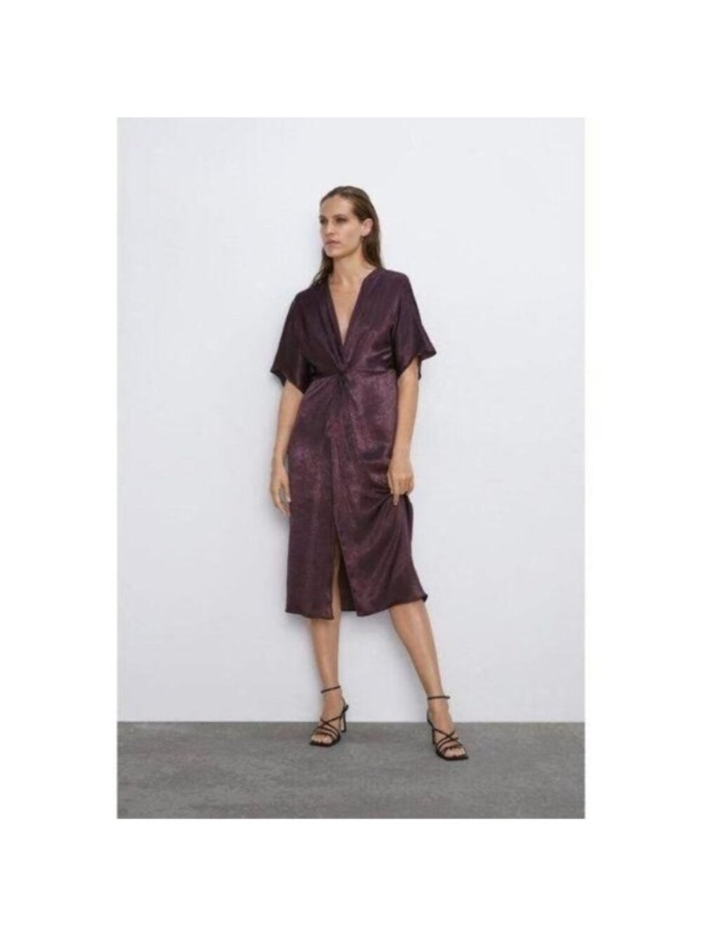 Zara Brown Satin Sheen Dress With Knotted Detail & Deep V-Neckline